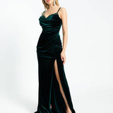 Rhinestone Embroidered Strappy Slit Long Velvet Evening Dress