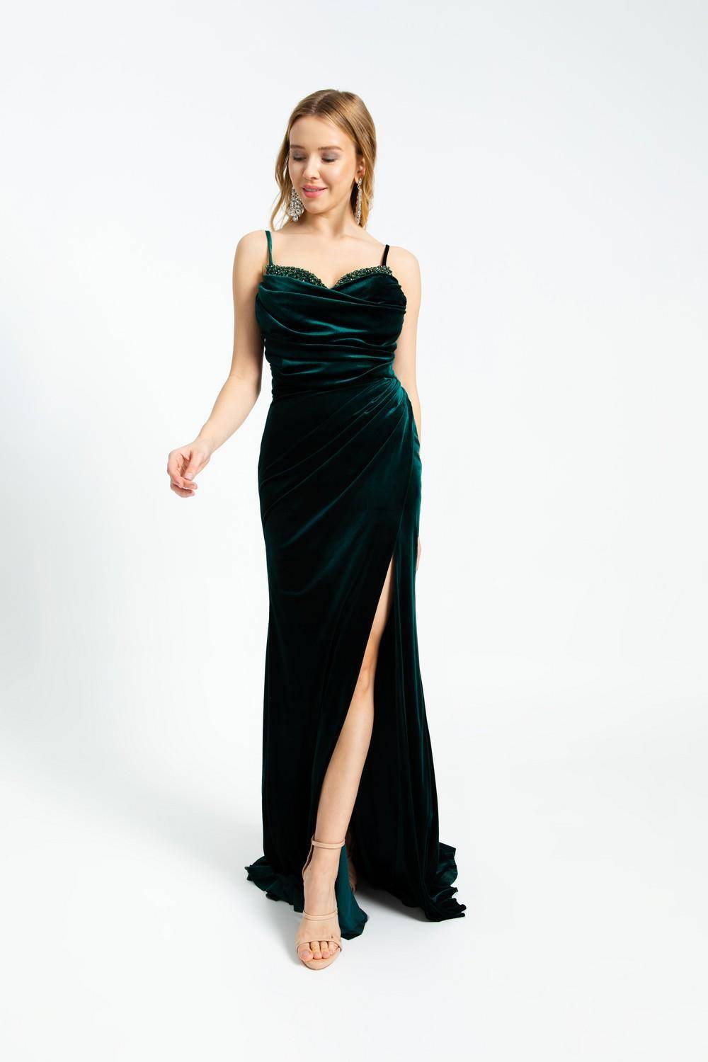 Rhinestone Embroidered Strappy Slit Long Velvet Evening Dress