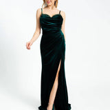 Rhinestone Embroidered Strappy Slit Long Velvet Evening Dress