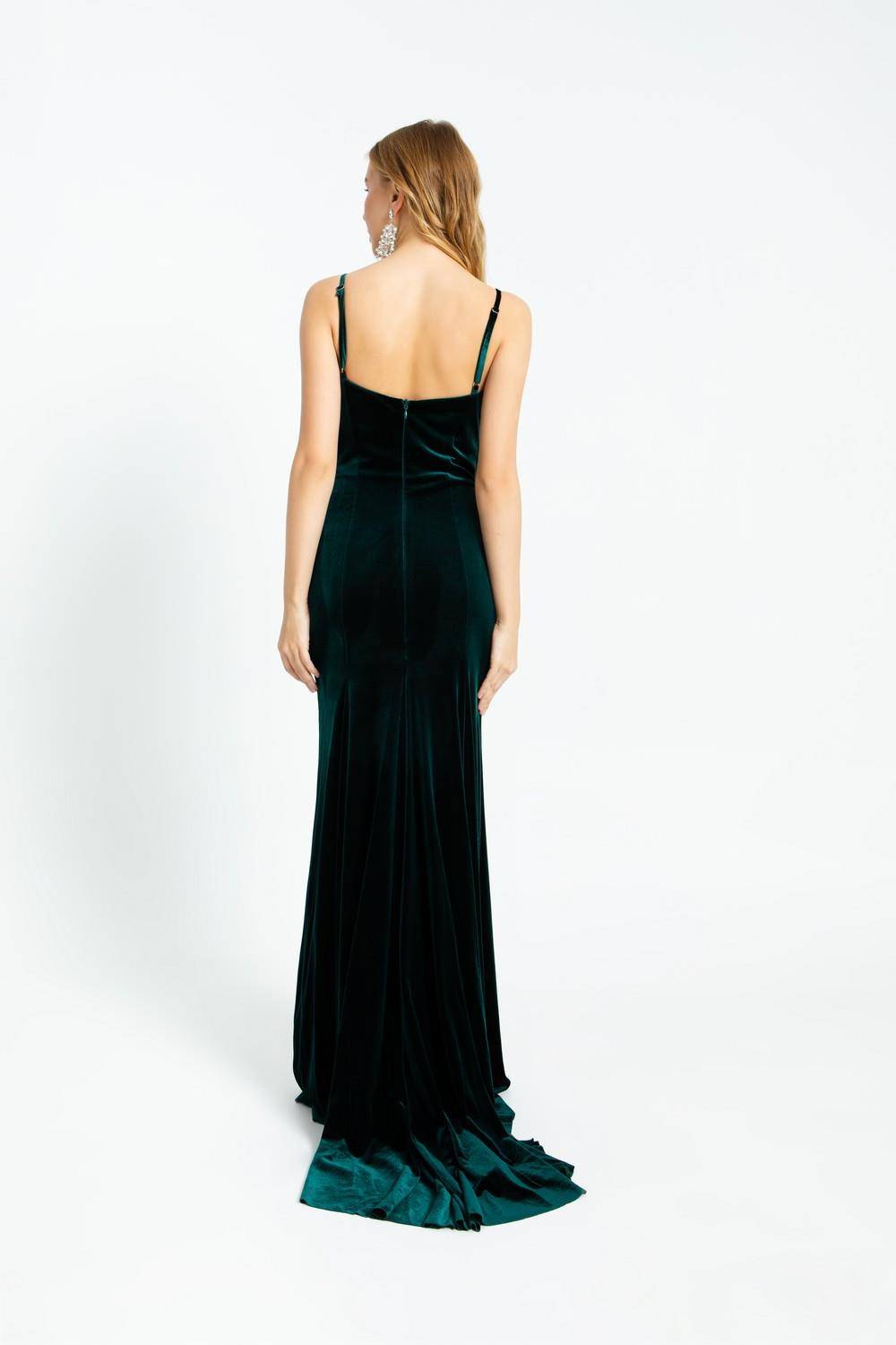 Rhinestone Embroidered Strappy Slit Long Velvet Evening Dress