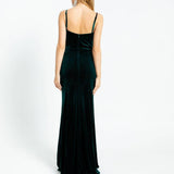 Rhinestone Embroidered Strappy Slit Long Velvet Evening Dress