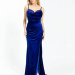 Rhinestone Embroidered Strappy Slit Long Velvet Evening Dress