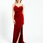 Rhinestone Embroidered Strappy Slit Long Velvet Evening Dress