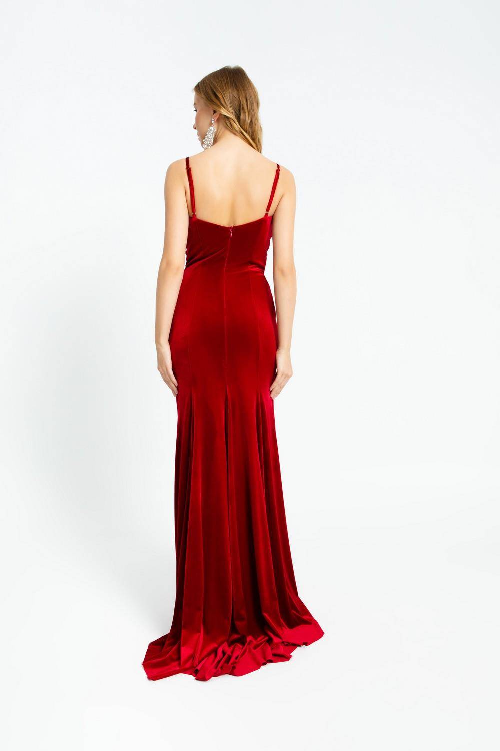 Rhinestone Embroidered Strappy Slit Long Velvet Evening Dress