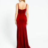 Rhinestone Embroidered Strappy Slit Long Velvet Evening Dress