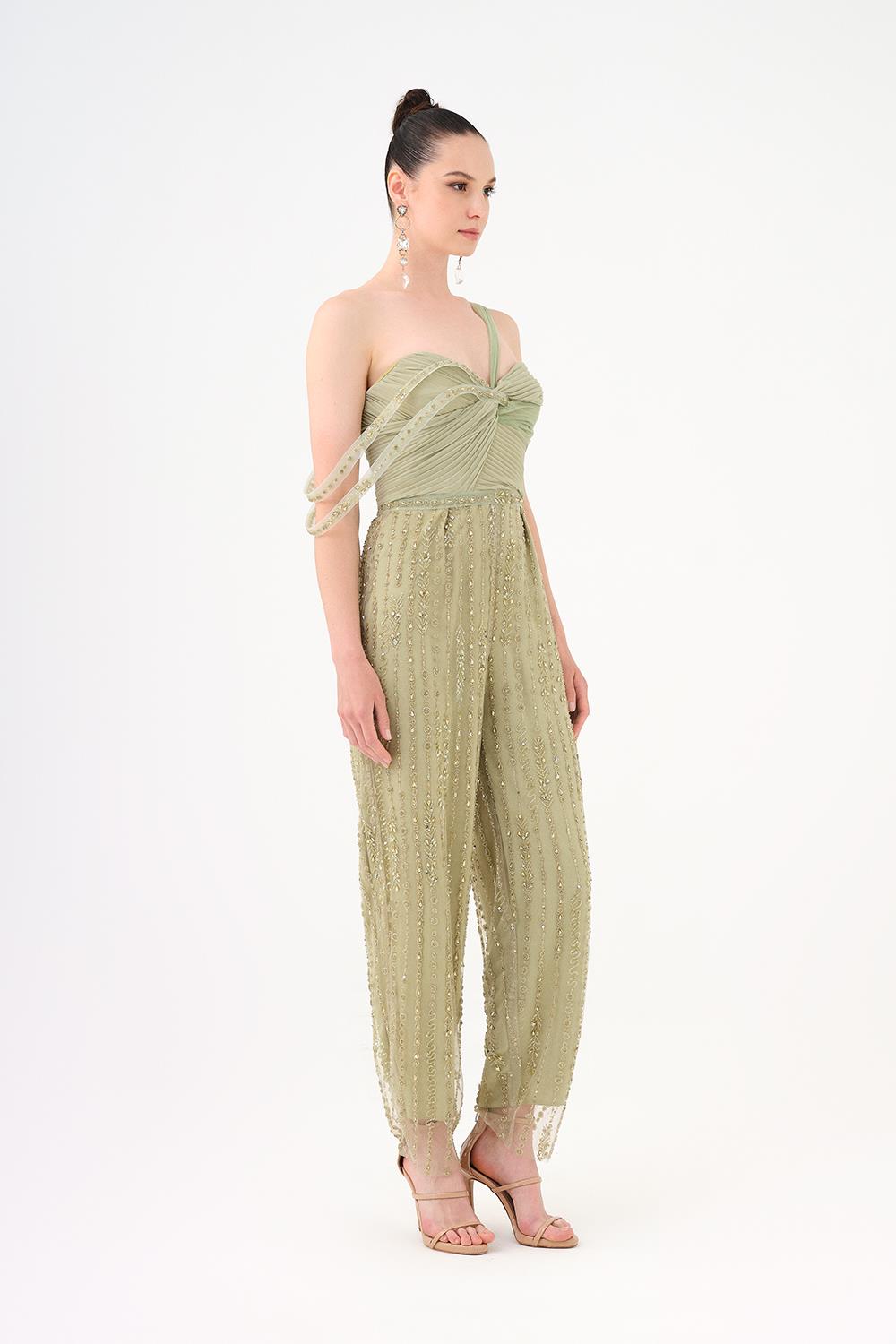 Stone Embroidered Strapless Collar Jumpsuit