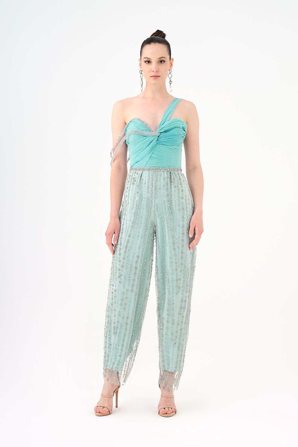 Stone Embroidered Strapless Collar Jumpsuit