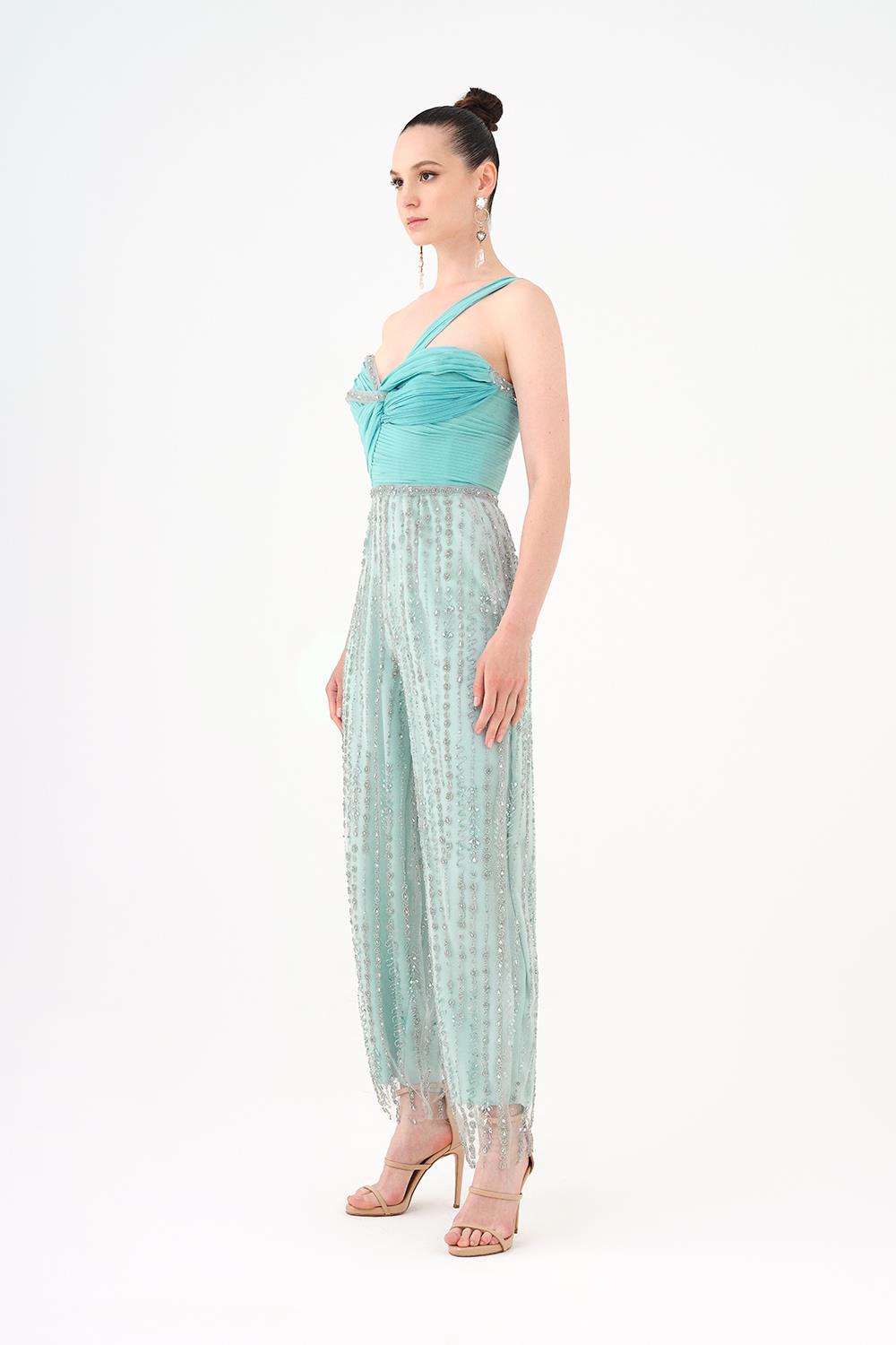 Stone Embroidered Strapless Collar Jumpsuit