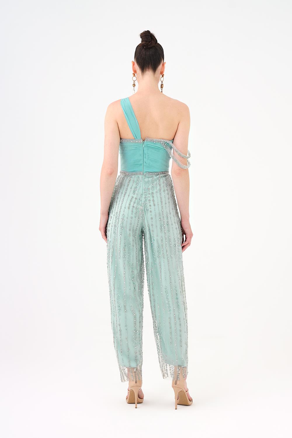 Stone Embroidered Strapless Collar Jumpsuit