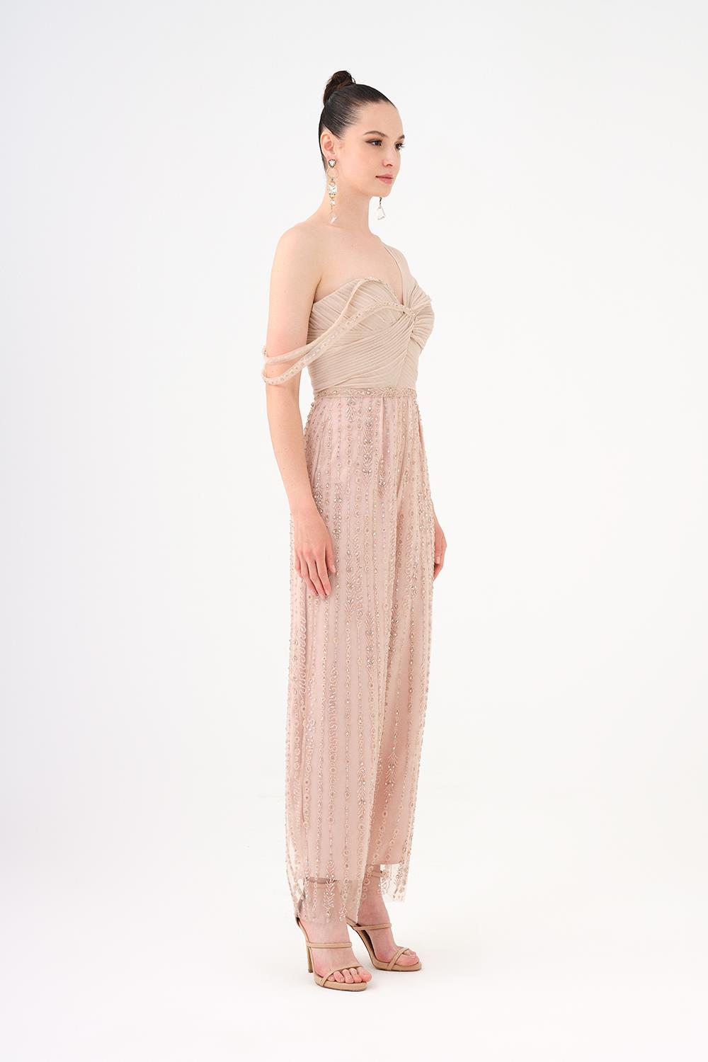 Stone Embroidered Strapless Collar Jumpsuit