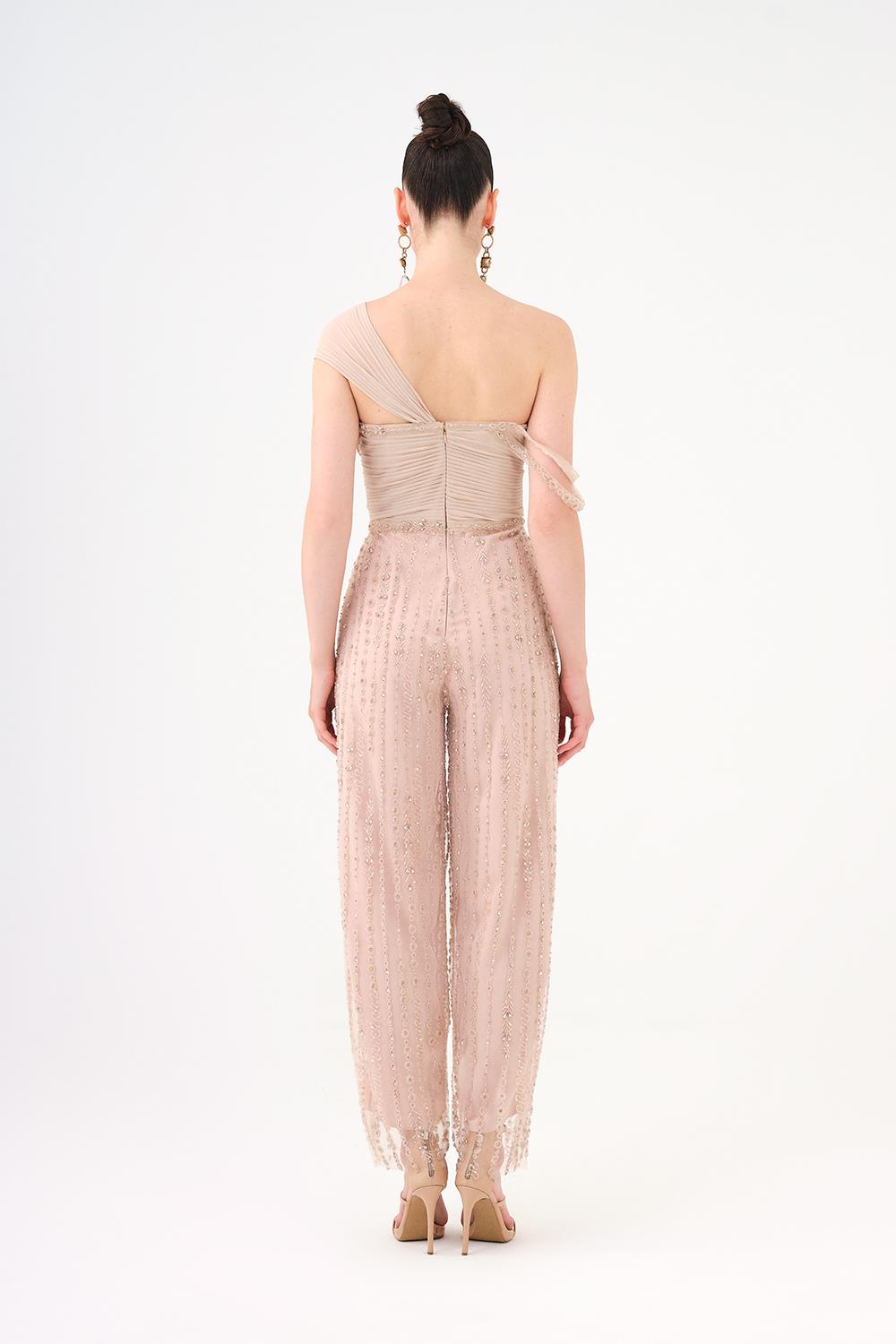 Stone Embroidered Strapless Collar Jumpsuit