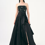 Stone Embroidered Taffeta Long Evening Dress with Slits