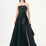 Stone Embroidered Taffeta Long Evening Dress with Slits