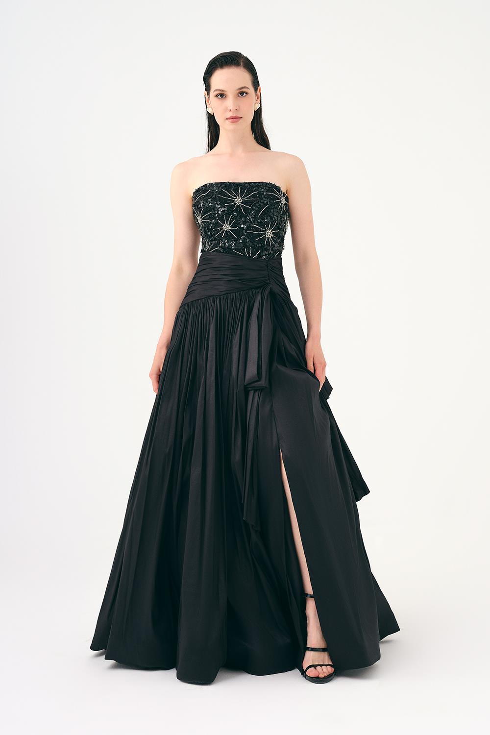 Stone Embroidered Taffeta Long Evening Dress with Slits