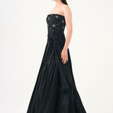 Stone Embroidered Taffeta Long Evening Dress with Slits