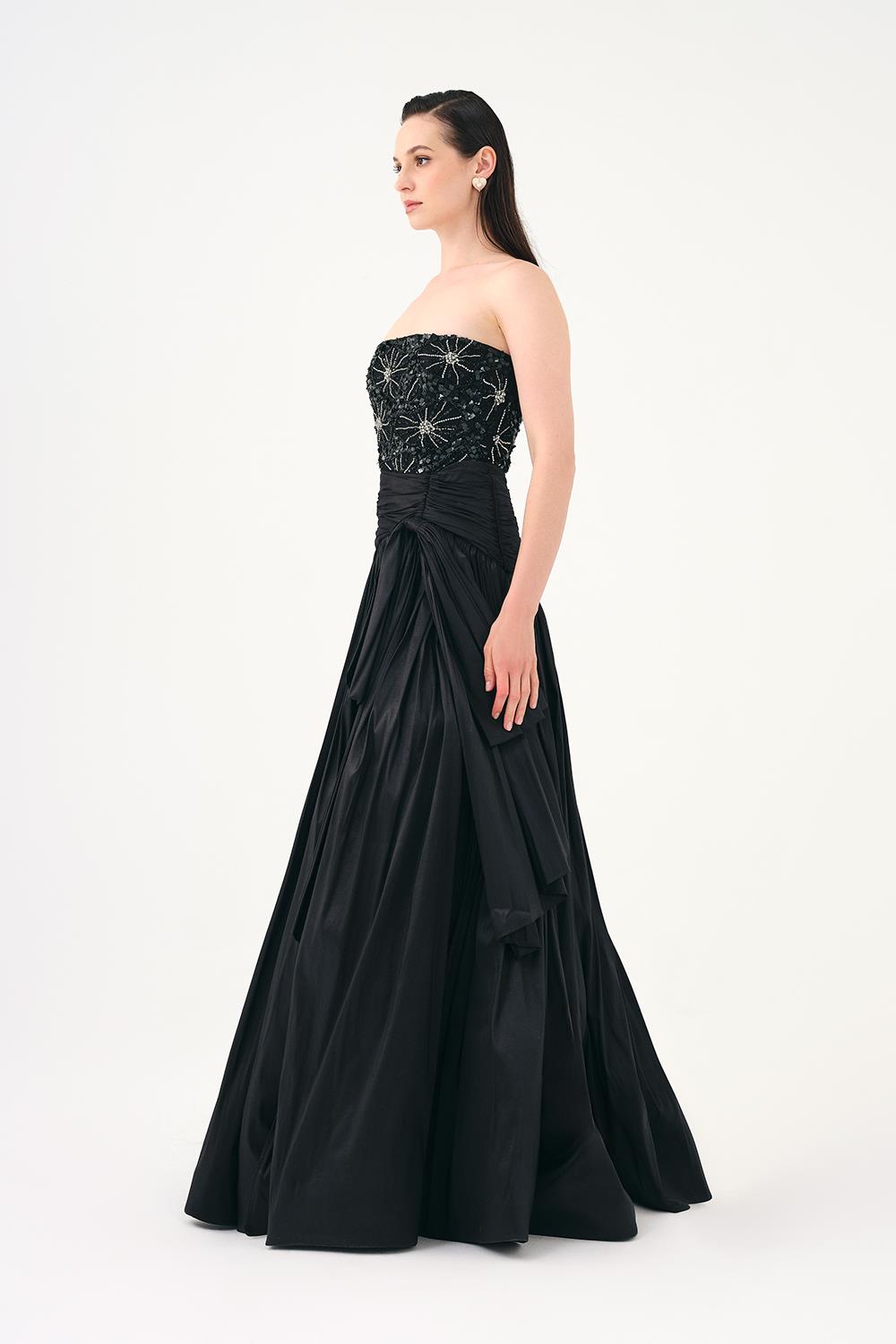 Stone Embroidered Taffeta Long Evening Dress with Slits