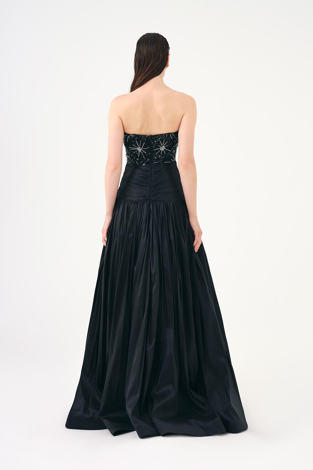 Stone Embroidered Taffeta Long Evening Dress with Slits