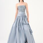 Stone Embroidered Taffeta Long Evening Dress with Slits