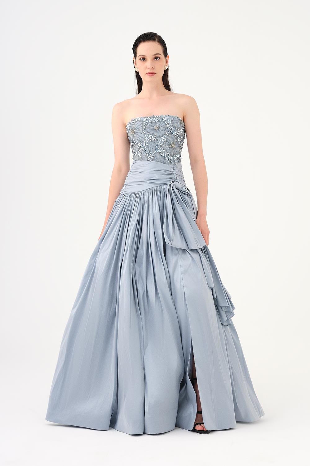 Stone Embroidered Taffeta Long Evening Dress with Slits