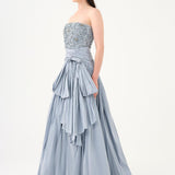 Stone Embroidered Taffeta Long Evening Dress with Slits