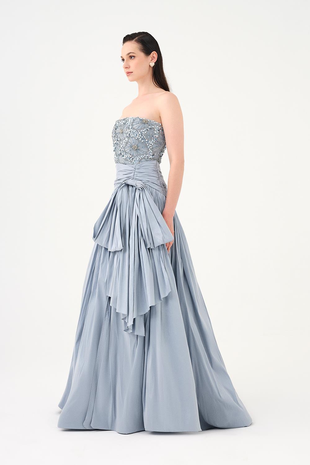 Stone Embroidered Taffeta Long Evening Dress with Slits