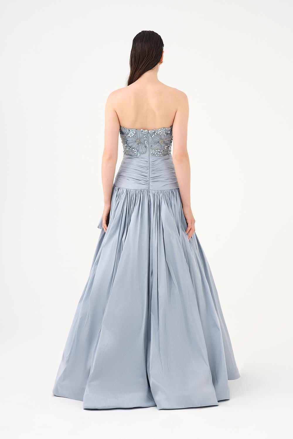 Stone Embroidered Taffeta Long Evening Dress with Slits