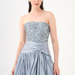 Stone Embroidered Taffeta Long Evening Dress with Slits