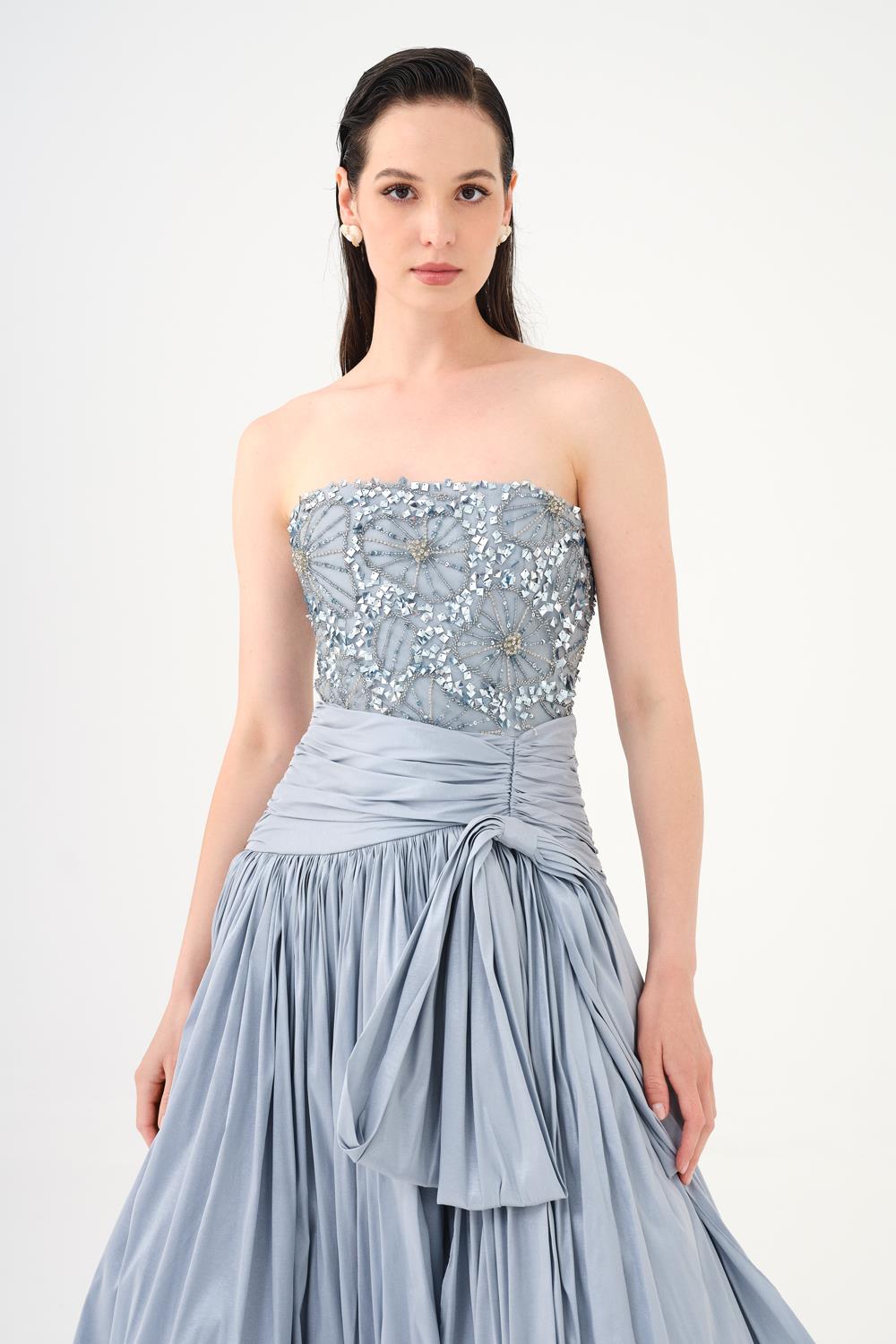 Stone Embroidered Taffeta Long Evening Dress with Slits