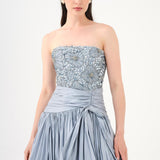 Stone Embroidered Taffeta Long Evening Dress with Slits