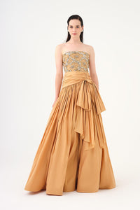 Stone Embroidered Taffeta Long Evening Dress with Slits