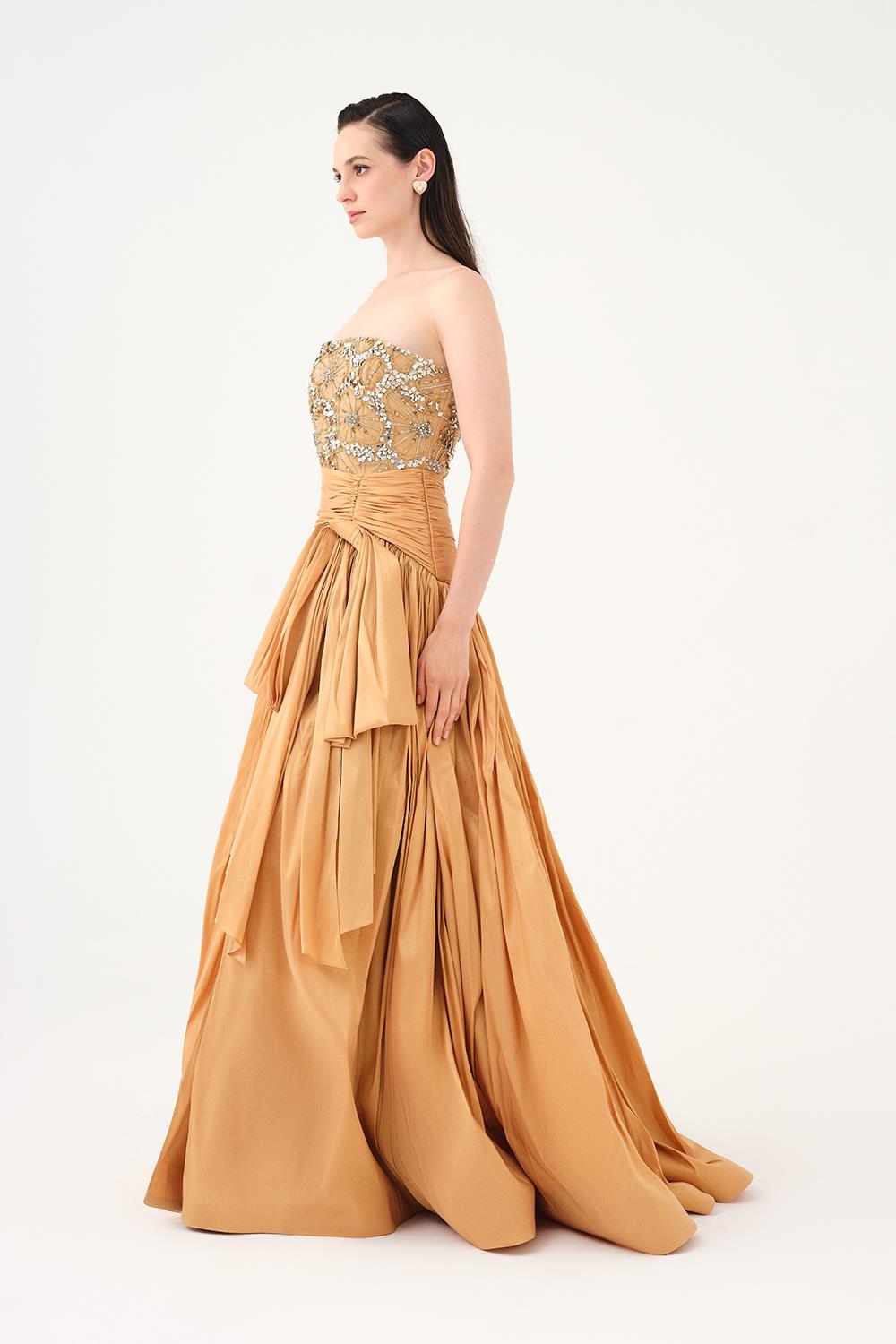 Stone Embroidered Taffeta Long Evening Dress with Slits