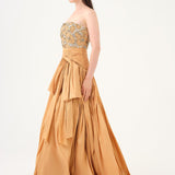 Stone Embroidered Taffeta Long Evening Dress with Slits