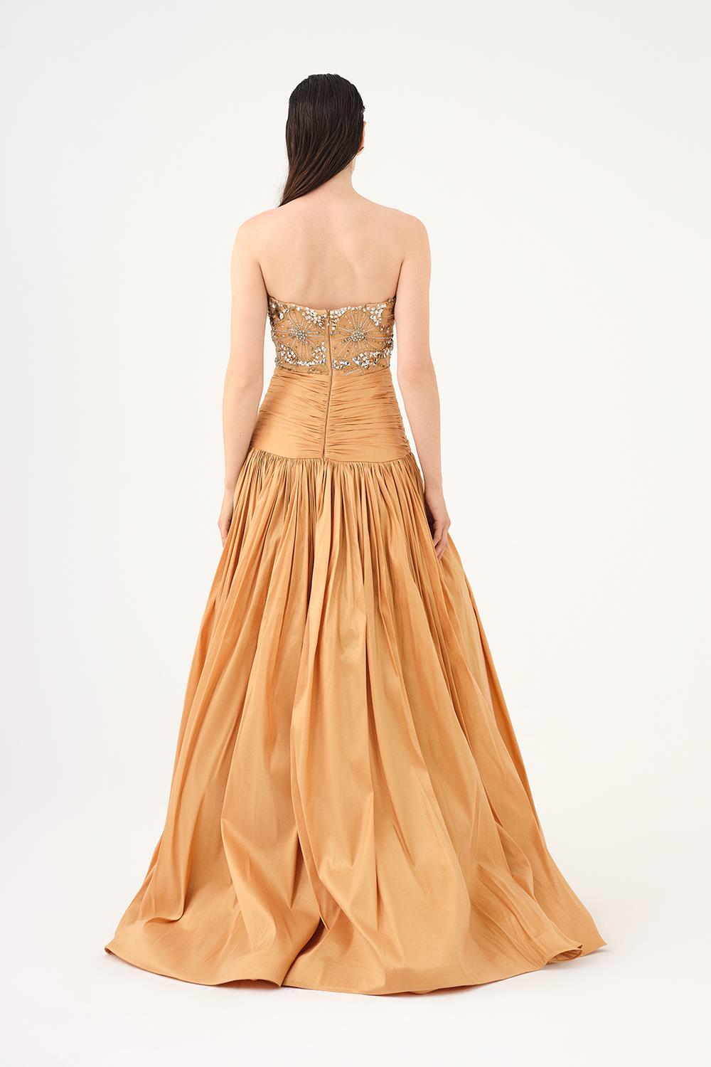 Stone Embroidered Taffeta Long Evening Dress with Slits