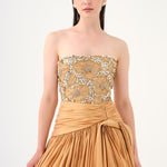 Stone Embroidered Taffeta Long Evening Dress with Slits