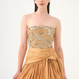 Stone Embroidered Taffeta Long Evening Dress with Slits