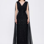 Stone Embroidered V-Neck Long Evening Dress