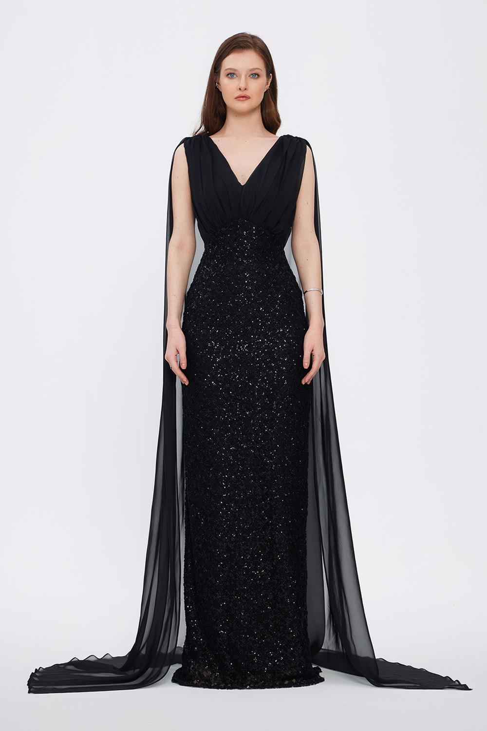 Stone Embroidered V-Neck Long Evening Dress