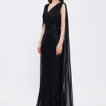 Stone Embroidered V-Neck Long Evening Dress