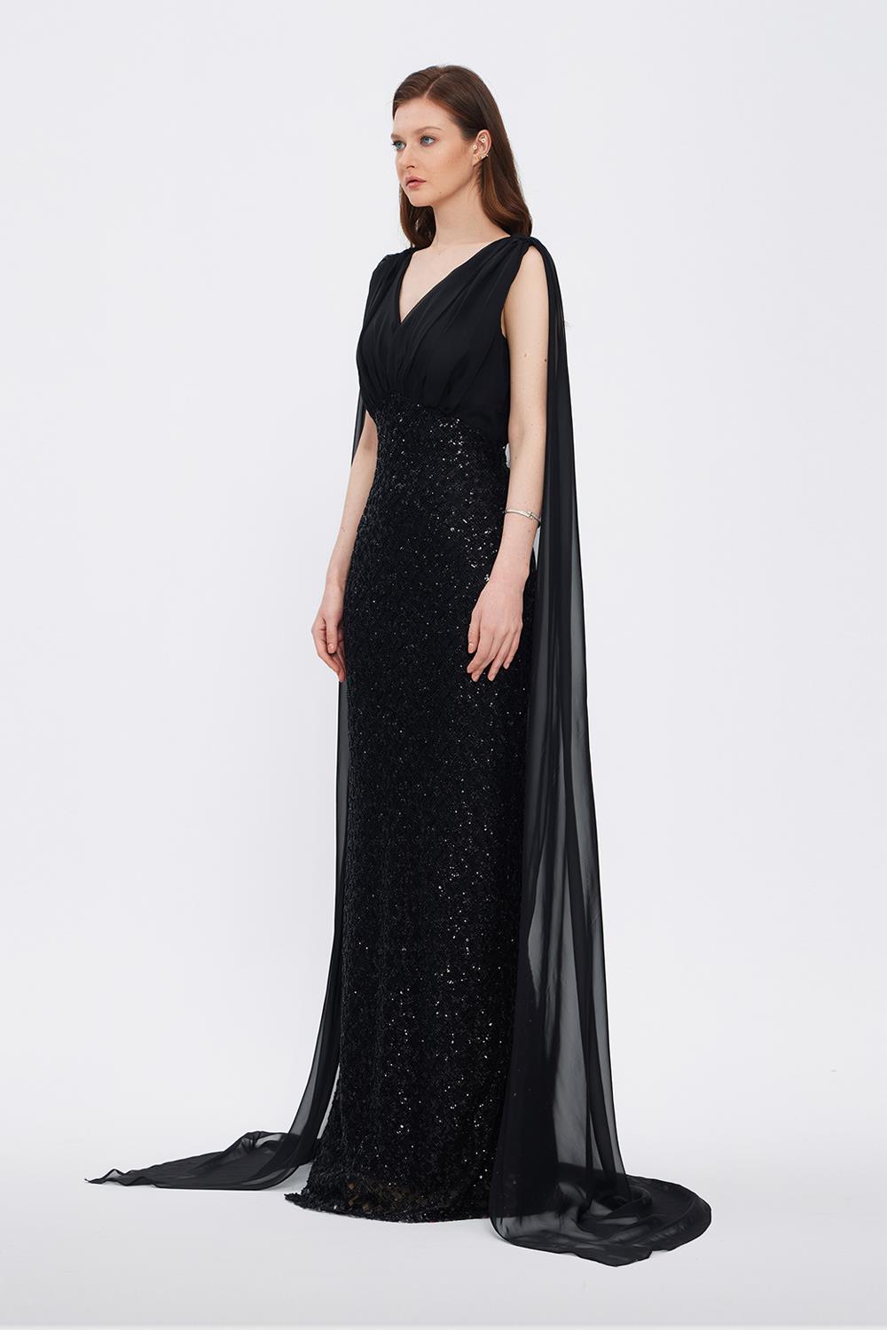 Stone Embroidered V-Neck Long Evening Dress