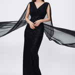 Stone Embroidered V-Neck Long Evening Dress