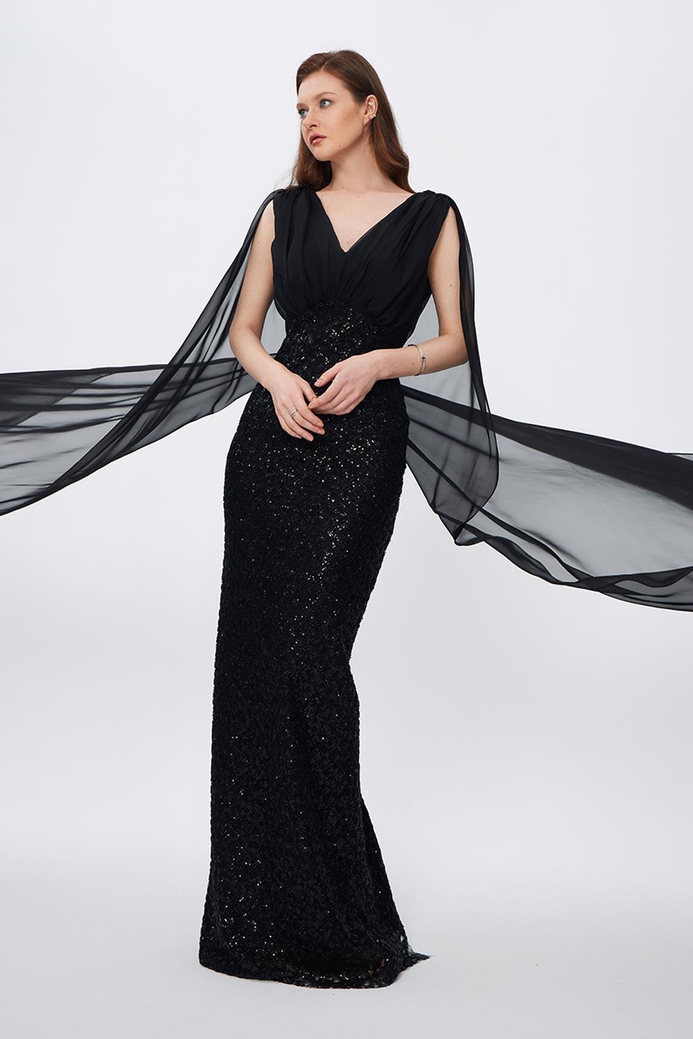 Stone Embroidered V-Neck Long Evening Dress