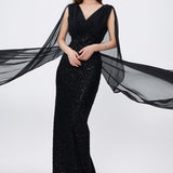 Stone Embroidered V-Neck Long Evening Dress