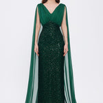 Stone Embroidered V-Neck Long Evening Dress