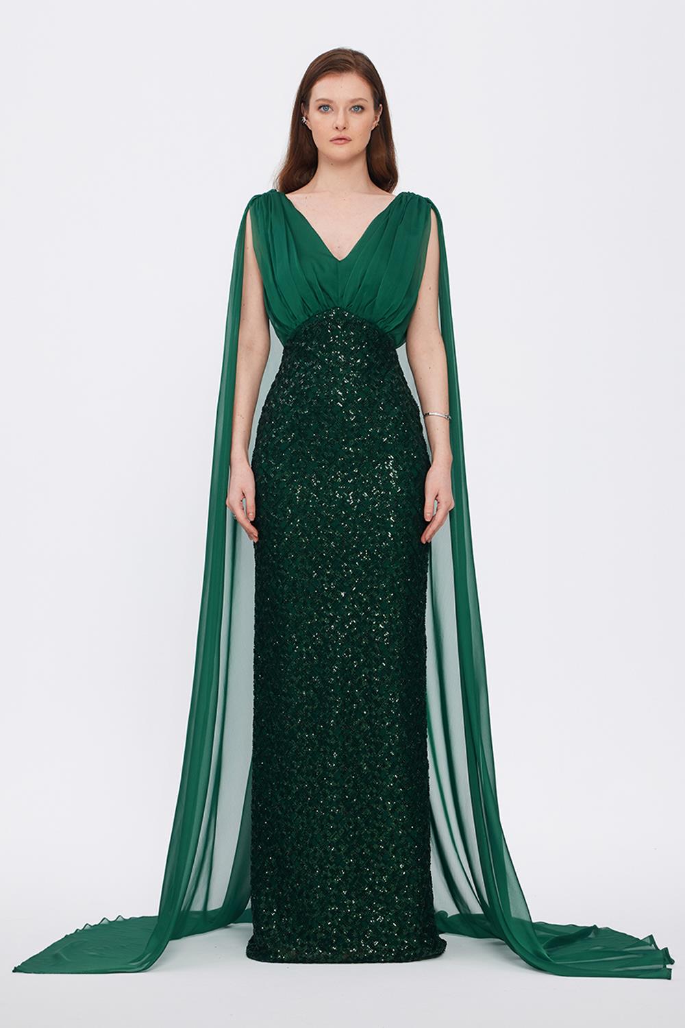 Stone Embroidered V-Neck Long Evening Dress