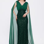 Stone Embroidered V-Neck Long Evening Dress