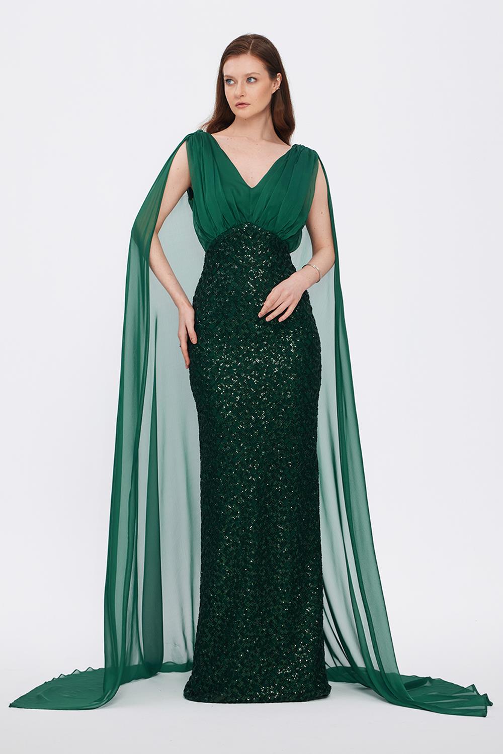 Stone Embroidered V-Neck Long Evening Dress