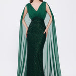 Stone Embroidered V-Neck Long Evening Dress