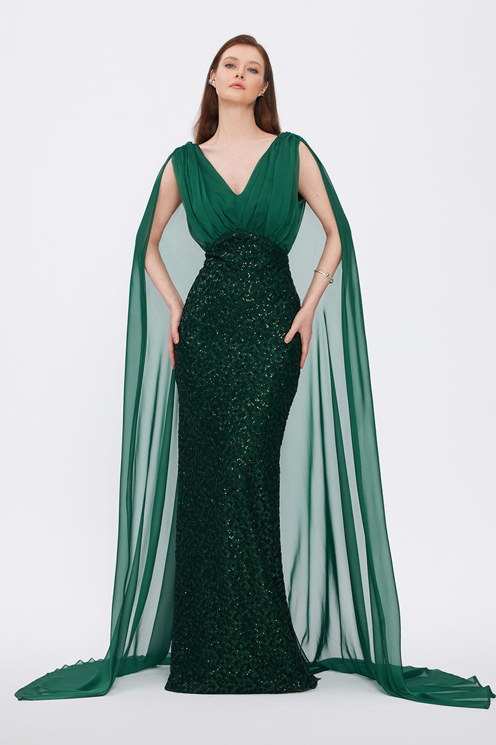 Stone Embroidered V-Neck Long Evening Dress