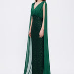 Stone Embroidered V-Neck Long Evening Dress