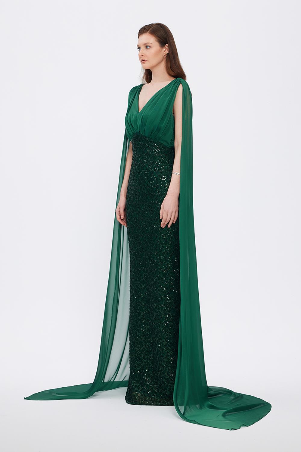 Stone Embroidered V-Neck Long Evening Dress